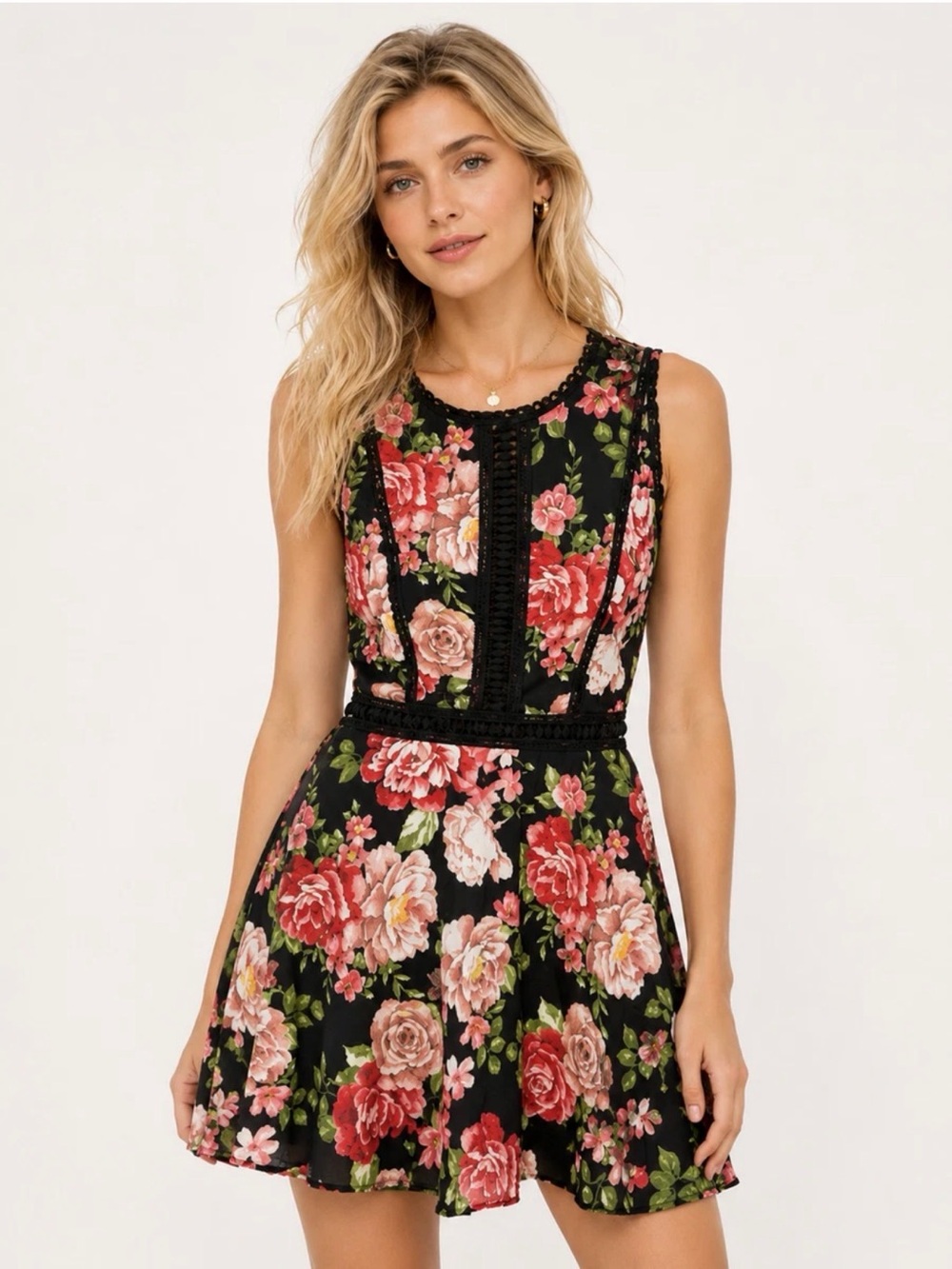 Disney Princess Black & Pink Floral Sleeveless Lace Inset Dress